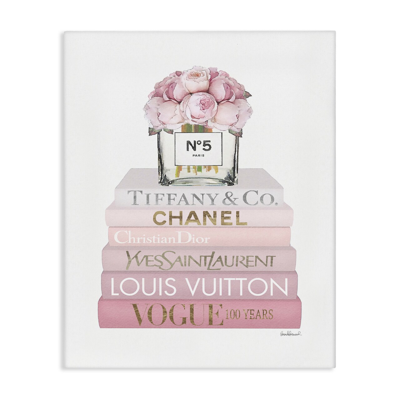 Stupell Industries Pink Rose Bouquet Bookstack Canvas Wall Art